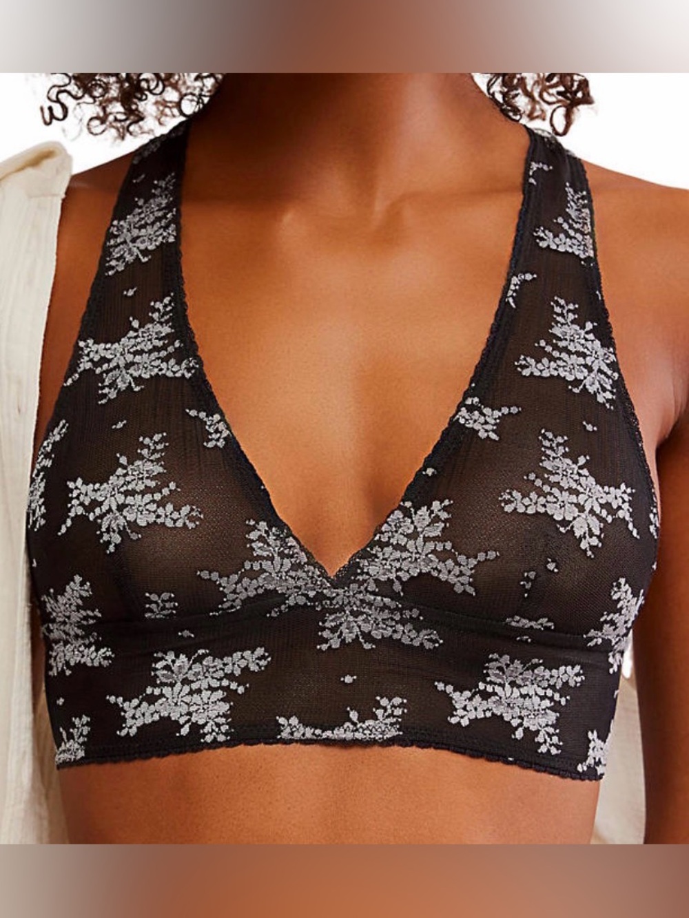 NWOT/Free People Talk About It Black Racerback Bralette/silver floral lace/szL
